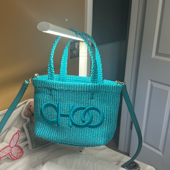 Auth Jimmy Choo Green Blue Cyan Woven Raffia East West Mini 2way Tote Beach Bag - Picture 1 of 7